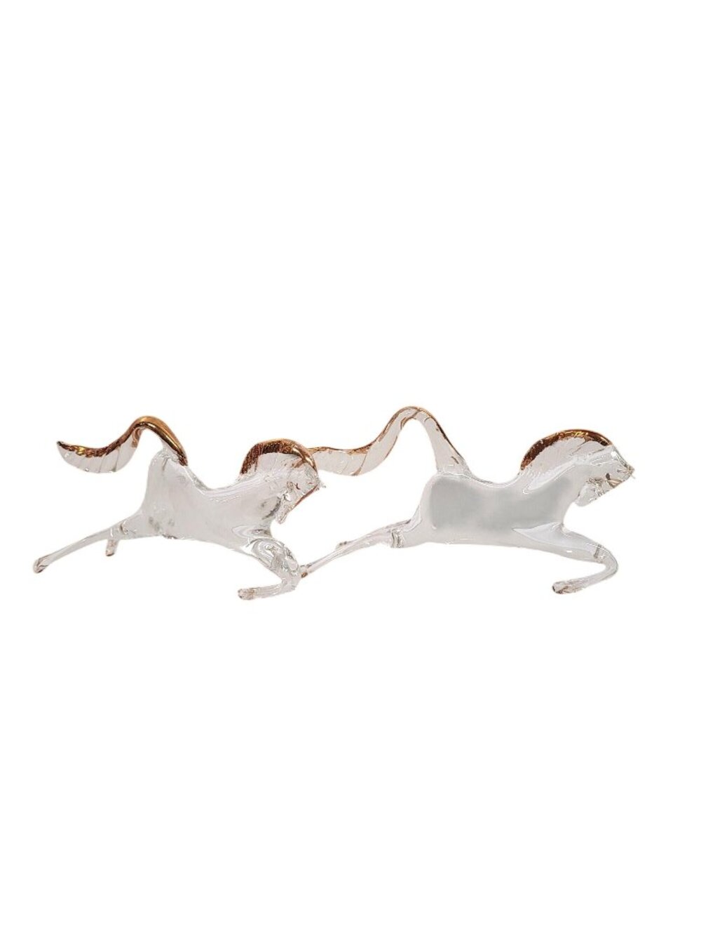 Hand Blown Clear Glass 2 Trotting Horse Gold Trim Murano Style Figurines 9" Chip